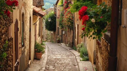 Fototapeta premium Quaint European Village Avenue with Cobblestones and Flowers