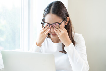 Eye problem concept, fatigue asian young woman tired eyes, irritated rubbing eye dry relief vision...