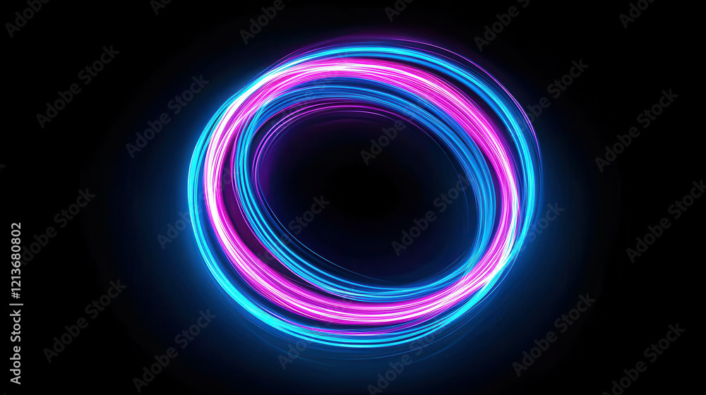 Poster vibrant neon light trails swirling and intertwining in dynamic circular motion
