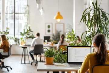A group of workers collaborating in an open office space filled with desks and screens. Tall, Generatuve AI
