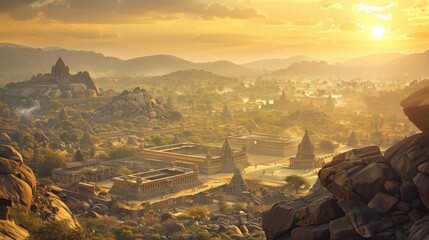Panoramic View of Historic Ruins at Dusk in Hampi, India