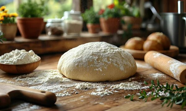 A freshly kneaded dough on a wooden surface, surrounded by flour and baking tools, ready for preparation.