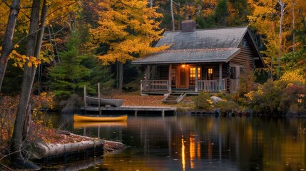 Fototapeta premium Peaceful Lakeside Cabin with Dock and Canoe Surrounded by Autumn Foliage