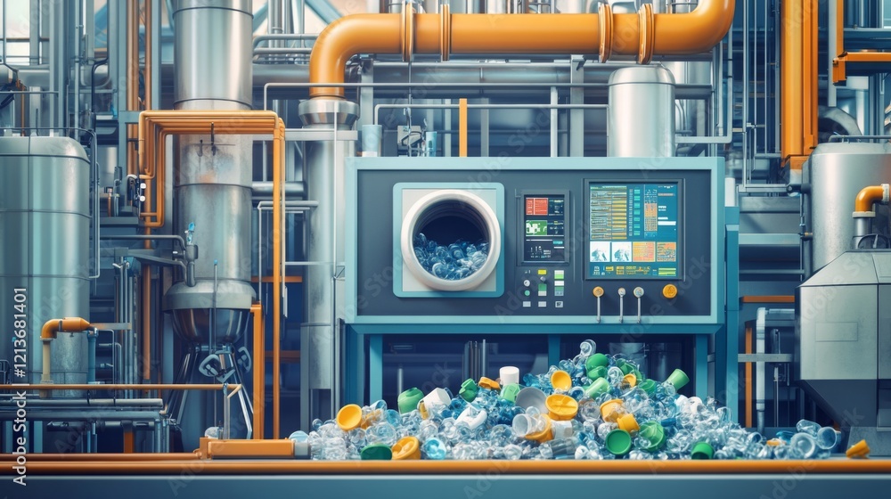 Fototapete A pile of plastic bottles are being recycled in a factory setting. The bottles are in front of a machine with a large opening. There are pipes and other industrial equipment in the background.