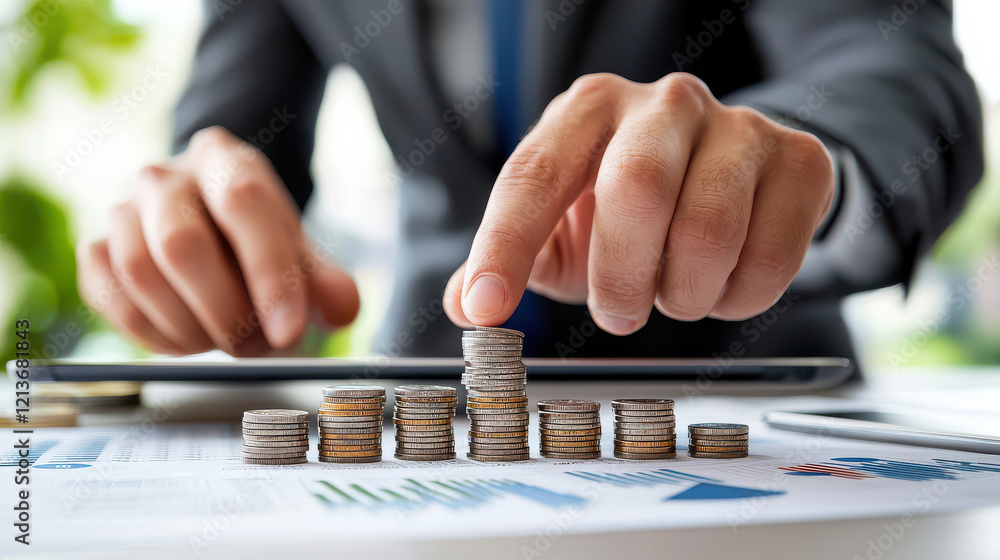Poster businessman analyzing financial data with coins stacked on table, showcasing investment and growth s