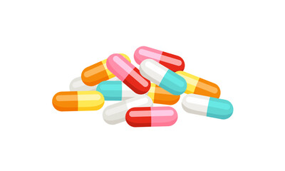 Antibiotic in capsules. Pile of colorful pills. Vector cartoon flat illustration of medication.