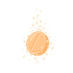 Effervescent orange tablet isolated on white background. Vitamin C pill soluble in water. Vector cartoon flat illustration.