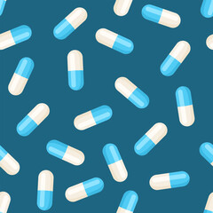 Blue pills seamless pattern. Medications background. Vector cartoon flat illustration of medical capsules