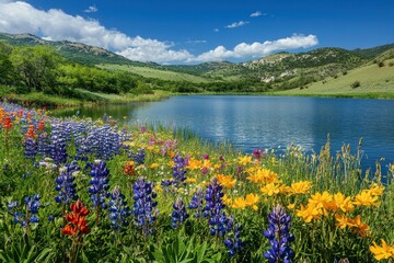 Vibrant wildflowers bloom beside a tranquil lake surrounded by rolling hills and blue sky