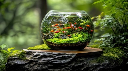 Goldfish bowl, forest setting, aquatic plants, tranquil scene, nature background, home decor