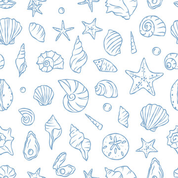 Hand drawn whimsical shells seamless pattern