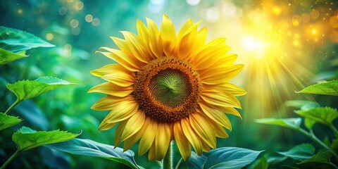 Fototapeta premium Double Exposure Sunflower Photography, Surreal Sunflower Art, Green Leaves, Botanical Double Exposure, Nature Photography, Sunflower Image, Artistic Sunflower