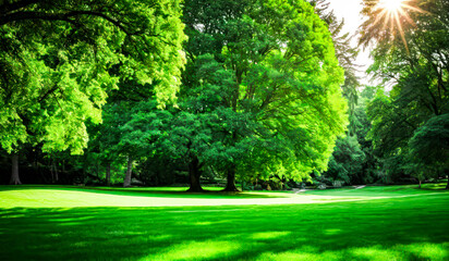 Obraz premium Nature sanctuary a bench awaits under shady trees amidst verdant tranquility