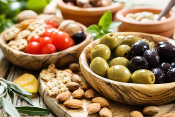 An inviting scene of a Mediterranean diet snack, featuring olives, hummus