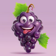 Playful Purple Grape Mascot with Joyful Expression and Leaf