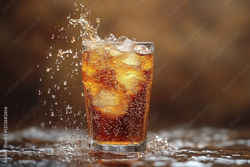 Poster ice splashing into cola glass on table with brown background