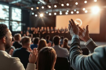 A diverse audience applauding the presentation of an award to an employee. The stage, Generative AI