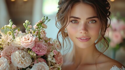 Bride Holding Bouquet in Sunlit Venue - A Beautiful Wedding Moment Captured in Natural Light