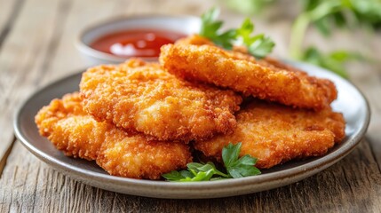 Breaded chicken cutlets with ketchup and parsley on a plate