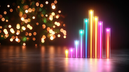 Cinematic glowing bar chart in vibrant tones with colorful lights. bright colors create festive atmosphere, perfect for visualizing data in engaging way