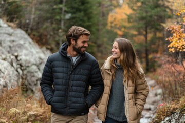 Fototapeta premium Happy couple walking and smiling in autumn forest