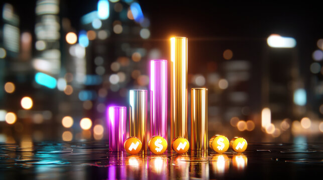 vibrant 3D bar chart with glowing colors representing financial growth, set against blurred city skyline. chart features currency symbols, conveying sense of prosperity and investment