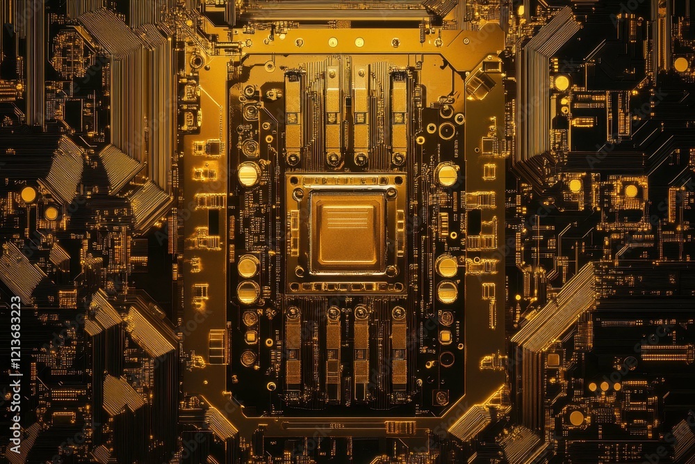 Poster intricate golden circuit board design showcasing advanced technology in electronic components and co
