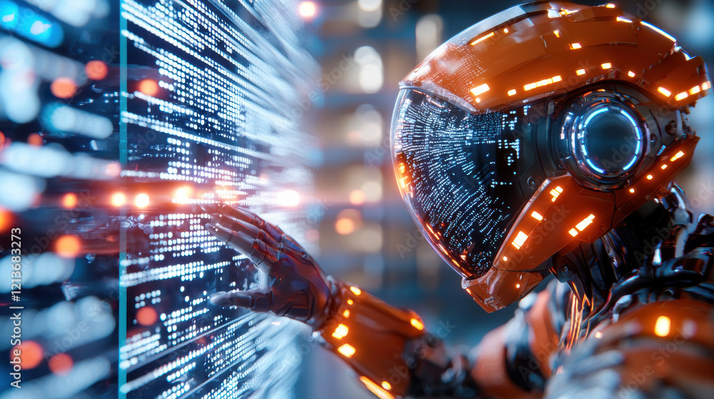 Poster futuristic robot interacts with digital interface, showcasing advanced technology and robotics. vibrant colors and intricate details highlight innovation and creativity