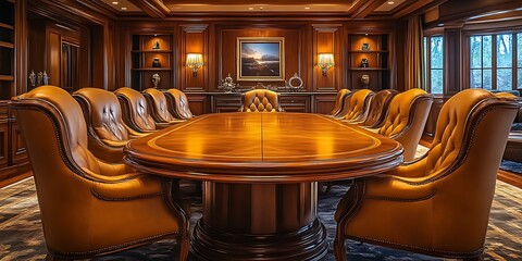 Luxurious conference room with mahogany table and leather chairs.