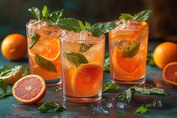 Iced citrus cocktails with mint on rustic table