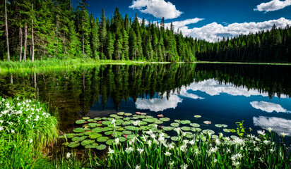 Nature’s Tranquility Captured in a Lush Forest Pond with Blooming Lily Pads