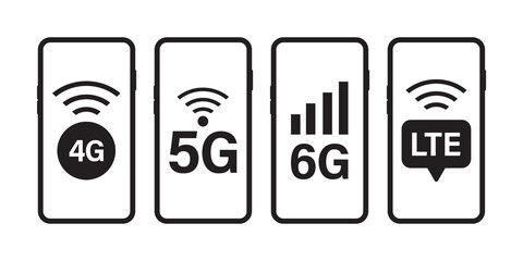 Set of icons 3G, 4G, 5G, LTE with wifi sign on mobile phone screens. Wireless connection. Development of wireless networks. Design isolated on white background.