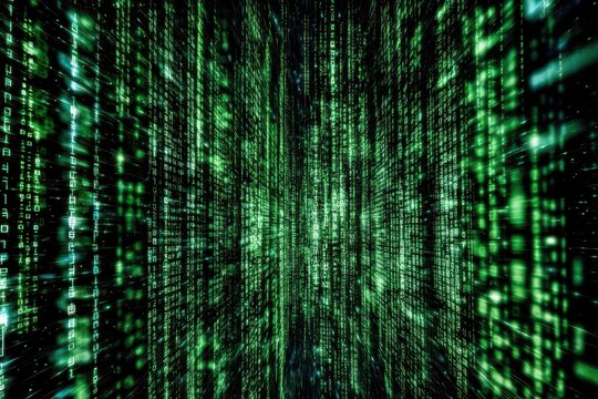 Visual representation of digital data flowing in a futuristic virtual environment with green binary code