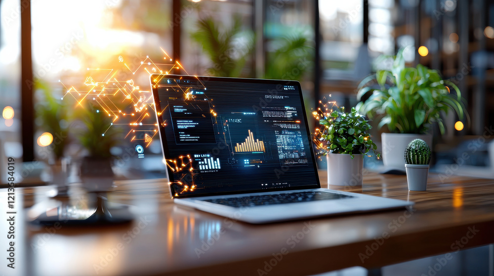 Aufkleber modern office desk with laptop displaying data analytics, surrounded by plants and bright atmosphere. scene conveys sense of innovation and productivity