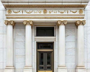 Obraz premium Ornate canopy with gold embellishments framing the entrance to an upscale bank building