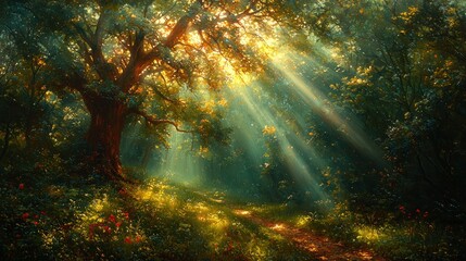 Obraz premium Sunlit Forest Pathway A Serene Scene of Nature's Beauty with Light Dancing on a Winding Trail