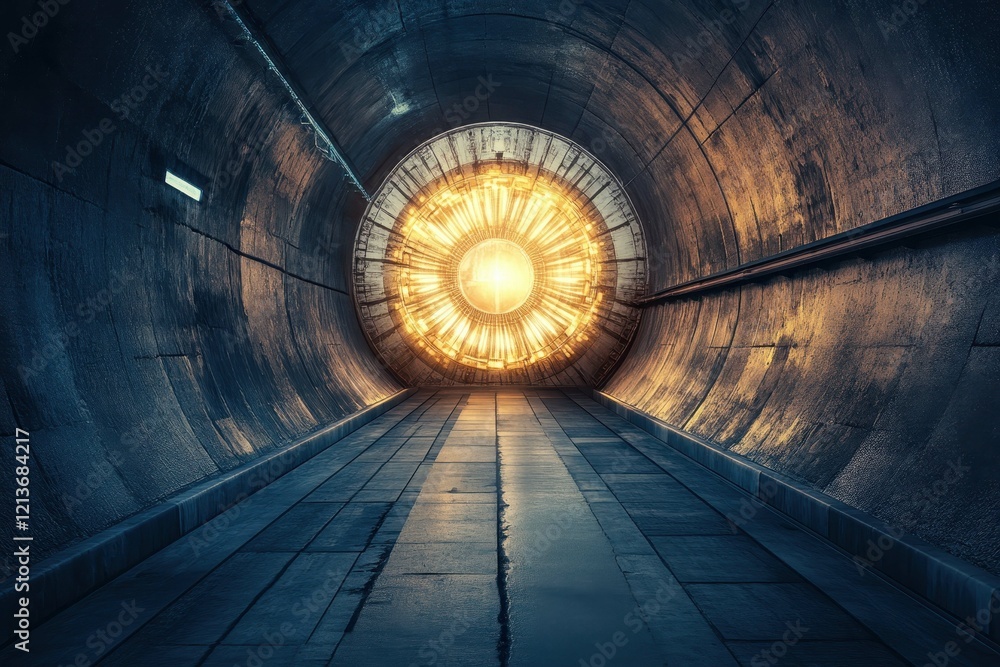 Poster light emerges from a tunnel showcasing a convergence of shadows and illumination in an industrial se