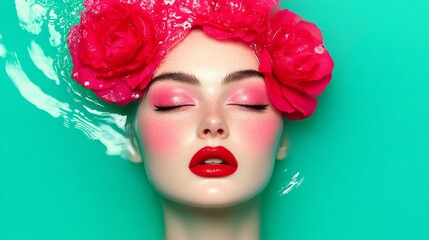 Serene Beauty in Teal Water: A woman with vibrant makeup and a crown of pink roses floats serenely in teal water, her eyes closed in peaceful contemplation. The image is a captivating blend of beauty.