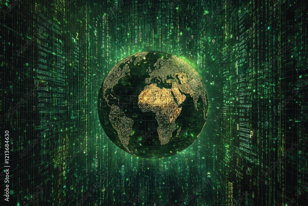 Poster digital representation of earth surrounded by green data streams and binary codes illustrating techn
