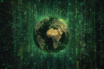 Digital representation of Earth surrounded by green data streams and binary codes illustrating technology and global connectivity