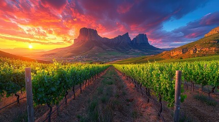 Naklejka premium Vineyard Sunset Dramatic Mountain Landscape
