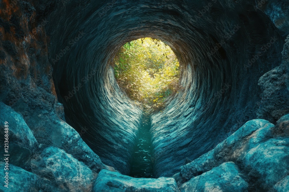 Poster light filters through a dense tunnel surrounded by rocks and lush greenery in a serene natural setti