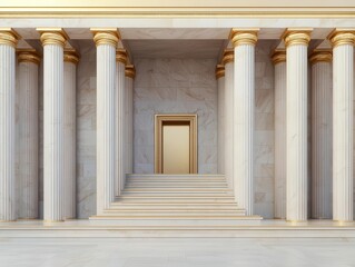Bank entrance framed by towering stone pillars, with golden accents and an expansive staircase