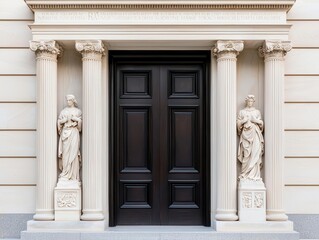 Naklejka premium Wide bank entrance with polished bronze doors and sculpted figures on either side of the facade