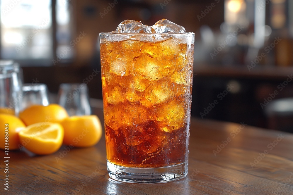 Poster iced cola with oranges on bar in restaurant