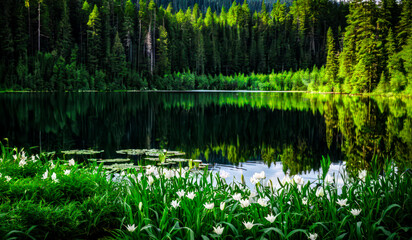 Picturesque Forest Retreat with Reflective Waters, Water Lilies, and Flourishing Wildflowers