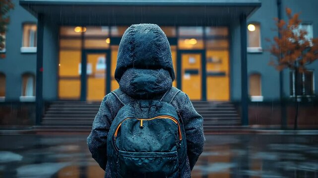 A little child standing in front of a school wearing a jacket in the rain