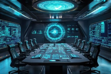 High-tech meeting room with futuristic design and digital displays in a corporate setting