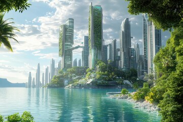 Naklejka premium Futuristic city by the water with towering skyscrapers and lush greenery under a bright sky