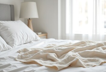 A soft, lightweight shawl drapes elegantly over a clean, inviting bed, enhancing the serene, calming ambiance of the room.